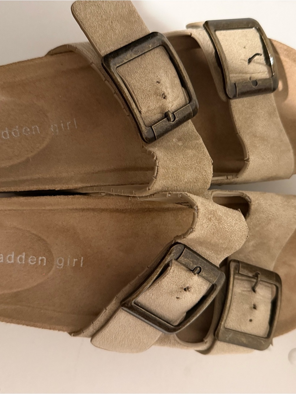 Madden Girl Tan Suede Double Buckle Slide Sandals